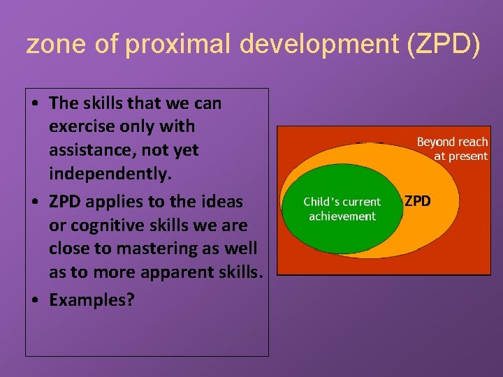 zone of proximal development (ZPD) • The skills that we can exercise only with
