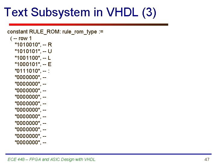 Text Subsystem in VHDL (3) constant RULE_ROM: rule_rom_type : = ( -- row 1