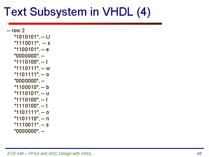 Text Subsystem in VHDL (4) -- row 2 "1010101", -- U "1110011", -- s