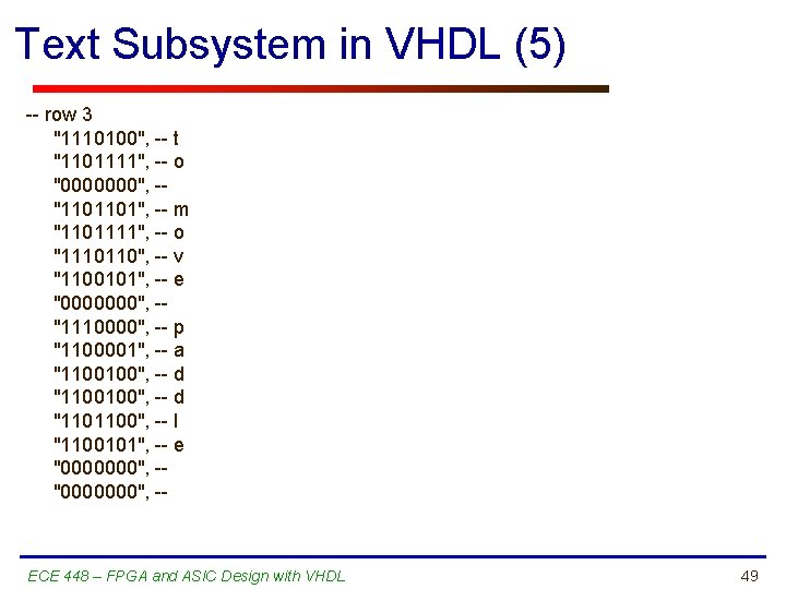 Text Subsystem in VHDL (5) -- row 3 "1110100", -- t "1101111", -- o