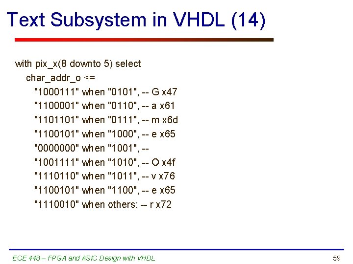 Text Subsystem in VHDL (14) with pix_x(8 downto 5) select char_addr_o <= "1000111" when