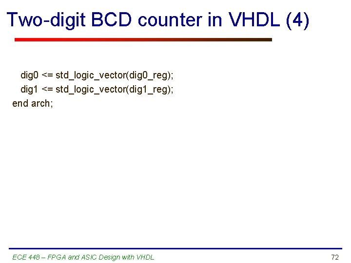 Two-digit BCD counter in VHDL (4) dig 0 <= std_logic_vector(dig 0_reg); dig 1 <=