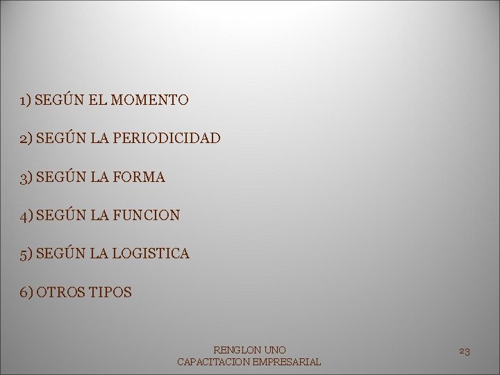 1) SEGÚN EL MOMENTO 2) SEGÚN LA PERIODICIDAD 3) SEGÚN LA FORMA 4) SEGÚN