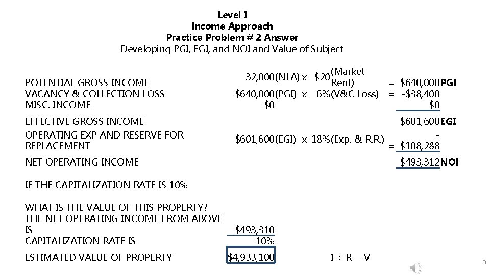 Level I Income Approach Practice Problem # 2 Answer Developing PGI, EGI, and NOI