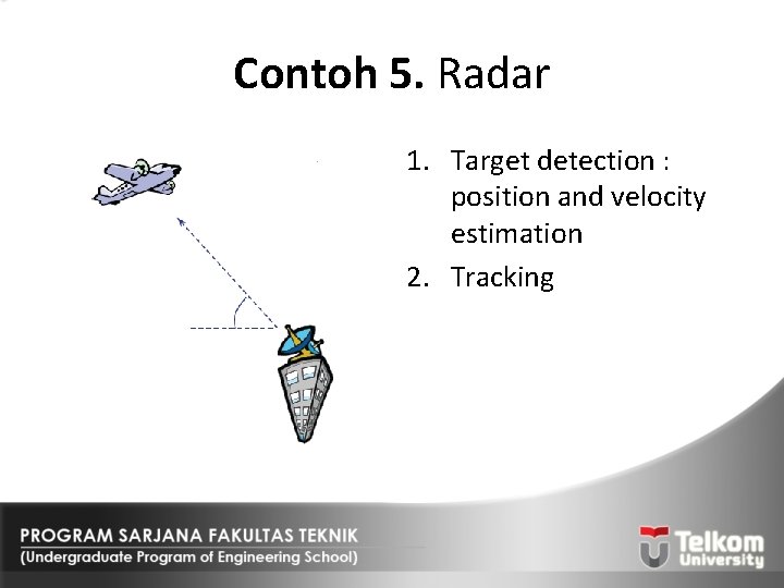 Contoh 5. Radar 1. Target detection : position and velocity estimation 2. Tracking 