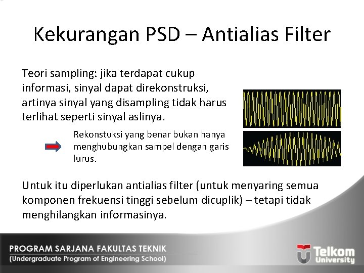 Kekurangan PSD – Antialias Filter Teori sampling: jika terdapat cukup informasi, sinyal dapat direkonstruksi,