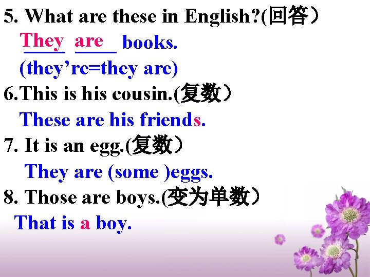 5. What are these in English? (回答) They ____ are ____ books. (they’re=they are) 5. What are these in English? (回答) They ____ are ____ books. (they’re=they are)