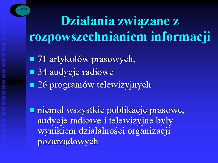  ARS -C Działania związane z rozpowszechnianiem informacji 71 artykułów prasowych, n 34 audycje