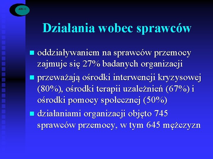 ARS -C Działania wobec sprawców oddziaływaniem na sprawców przemocy zajmuje się 27% badanych organizacji