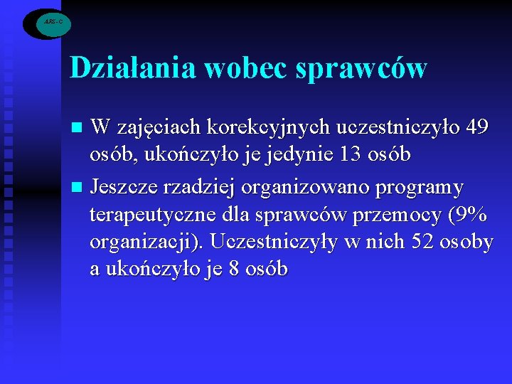 ARS -C Działania wobec sprawców W zajęciach korekcyjnych uczestniczyło 49 osób, ukończyło je jedynie