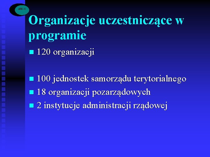  ARS -C Organizacje uczestniczące w programie n 120 organizacji 100 jednostek samorządu terytorialnego
