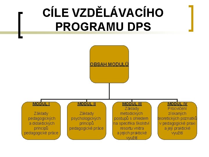 CÍLE VZDĚLÁVACÍHO PROGRAMU DPS OBSAH MODULŮ MODUL II Základy pedagogických a didaktických principů pedagogické