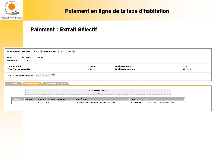 Paiement en ligne de la taxe d’habitation Paiement : Extrait Sélectif 