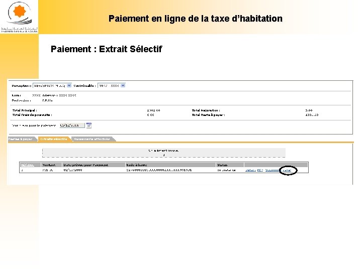 Paiement en ligne de la taxe d’habitation Paiement : Extrait Sélectif 