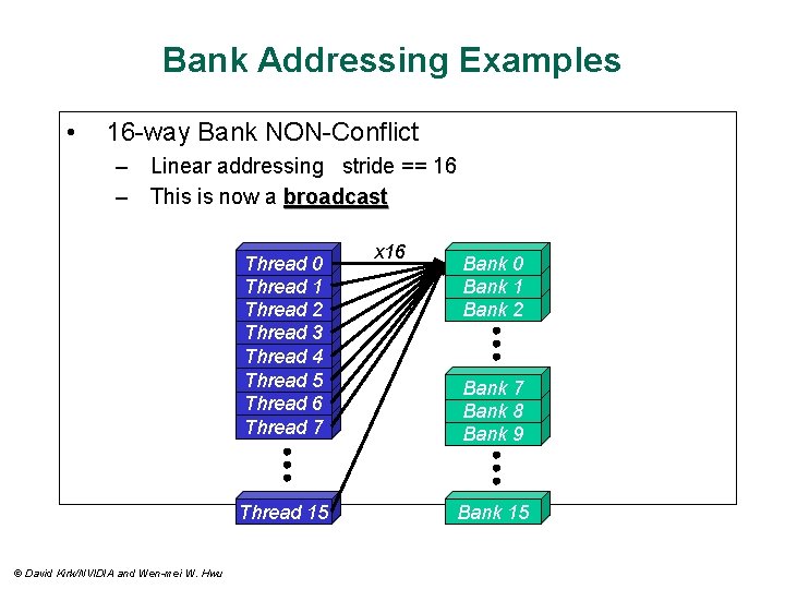 Bank Addressing Examples • 16 -way Bank NON-Conflict – Linear addressing stride == 16