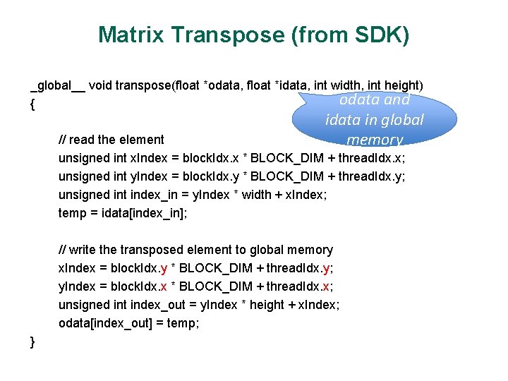Matrix Transpose (from SDK) _global__ void transpose(float *odata, float *idata, int width, int height)