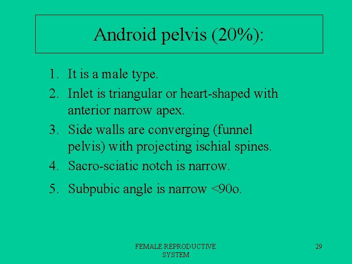 Android pelvis (20%): 1. It is a male type. 2. Inlet is triangular or