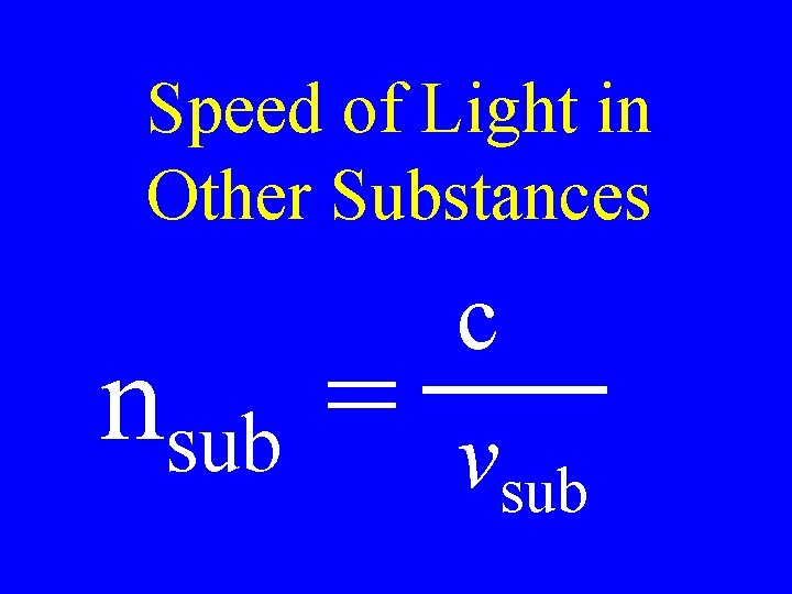 Speed of Light in Other Substances nsub = c vsub 