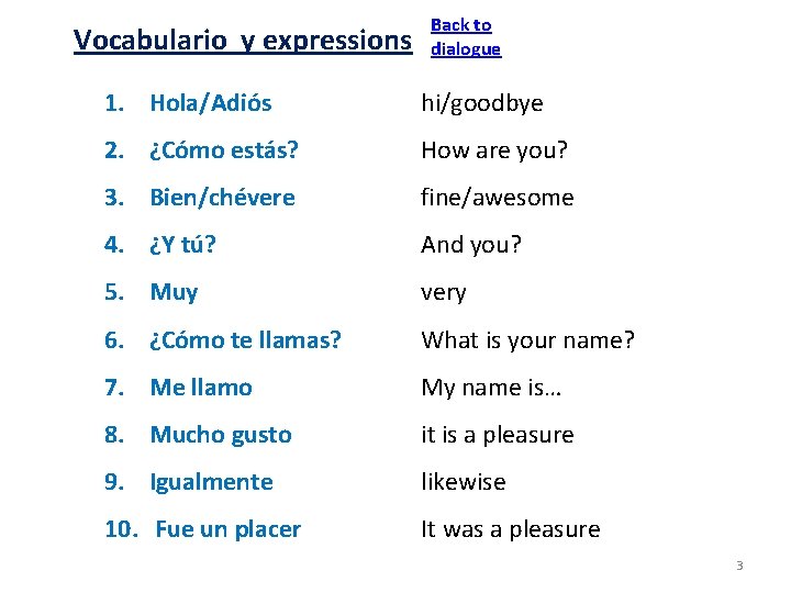 Vocabulario y expressions Back to dialogue 1. Hola/Adiós hi/goodbye 2. ¿Cómo estás? How are