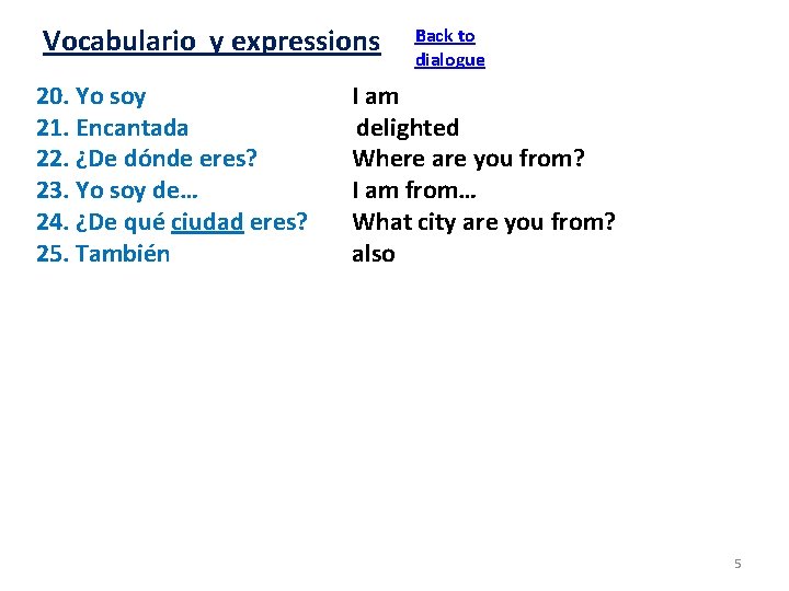 Vocabulario y expressions 20. Yo soy 21. Encantada 22. ¿De dónde eres? 23. Yo