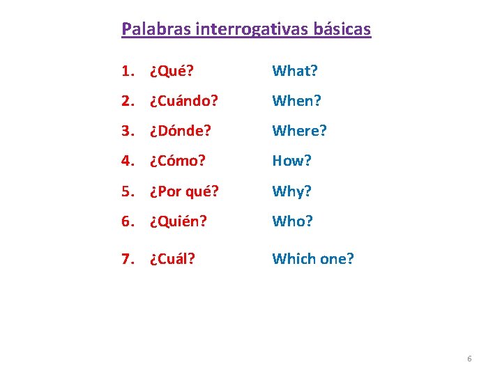 Palabras interrogativas básicas 1. ¿Qué? What? 2. ¿Cuándo? When? 3. ¿Dónde? Where? 4. ¿Cómo?