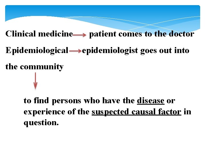 Clinical medicine patient comes to the doctor Epidemiological epidemiologist goes out into the community Clinical medicine patient comes to the doctor Epidemiological epidemiologist goes out into the community