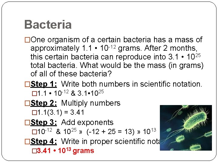 Bacteria �One organism of a certain bacteria has a mass of approximately 1. 1