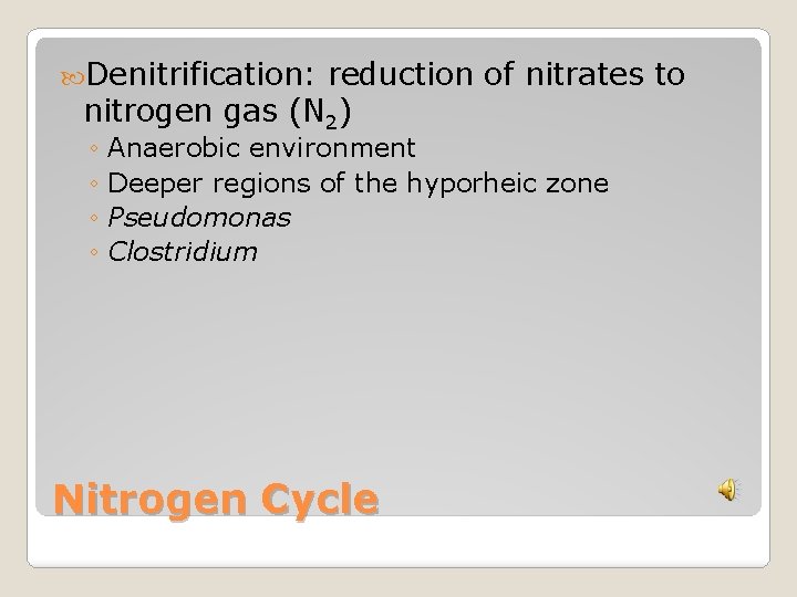 Denitrification: reduction of nitrates to nitrogen gas (N 2) ◦ Anaerobic environment ◦