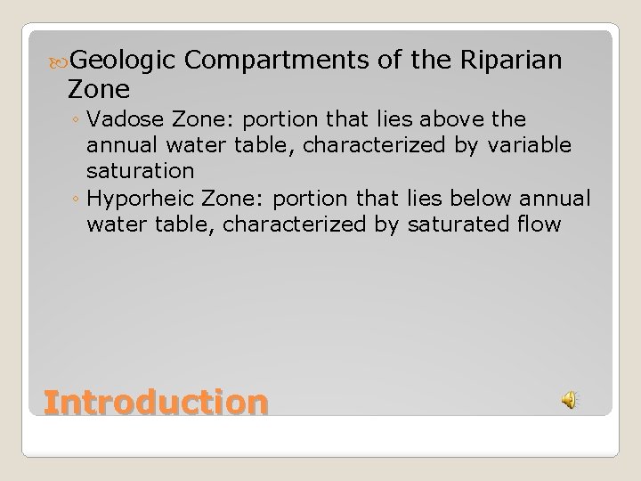  Geologic Zone Compartments of the Riparian ◦ Vadose Zone: portion that lies above
