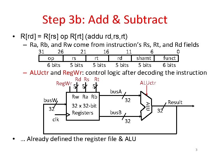Step 3 b: Add & Subtract • R[rd] = R[rs] op R[rt] (addu rd,