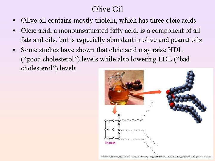 Olive Oil • Olive oil contains mostly triolein, which has three oleic acids •