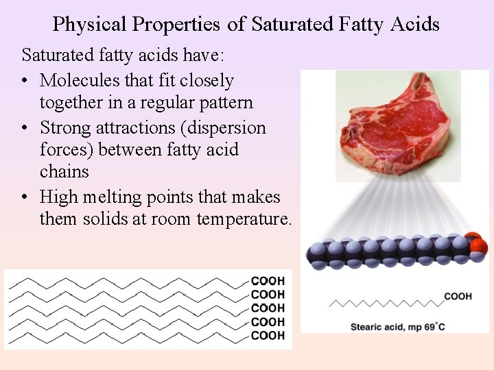 Physical Properties of Saturated Fatty Acids Saturated fatty acids have: • Molecules that fit