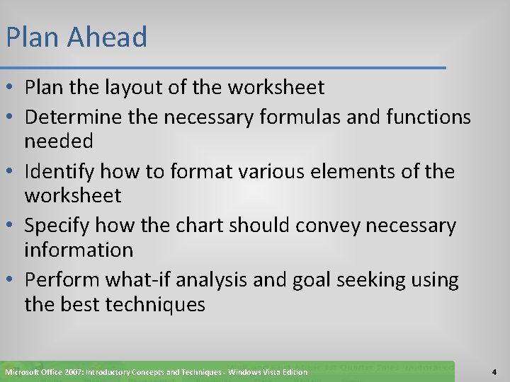 Plan Ahead • Plan the layout of the worksheet • Determine the necessary formulas