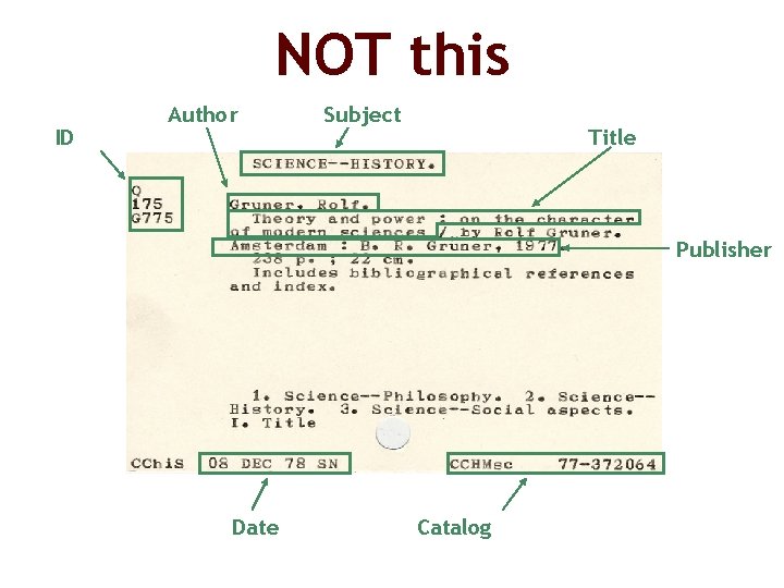 NOT this ID Author Subject Title Publisher Date Catalog 