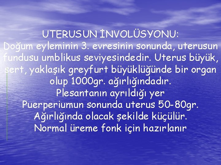 UTERUSUN İNVOLÜSYONU: Doğum eyleminin 3. evresinin sonunda, uterusun fundusu umblikus seviyesindedir. Uterus büyük, sert,