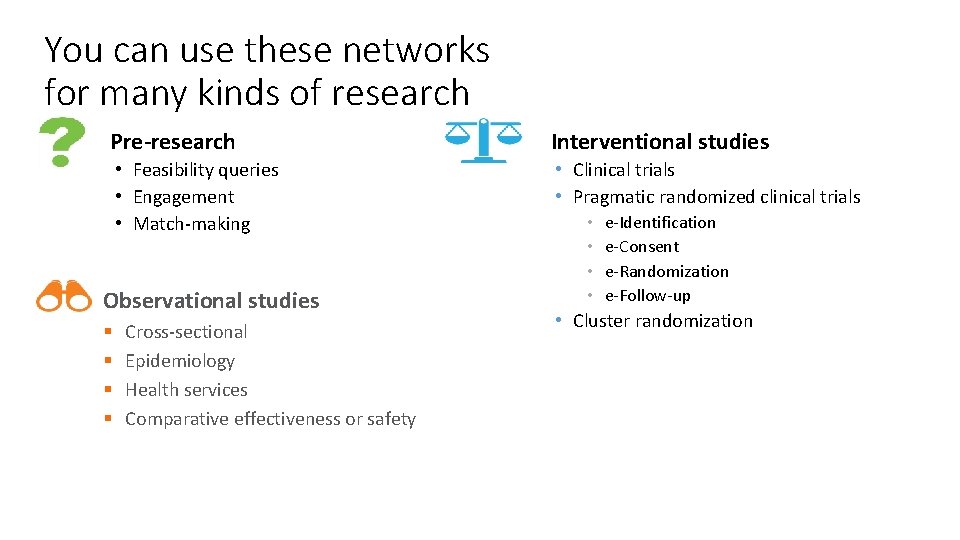 You can use these networks for many kinds of research Pre-research Interventional studies •