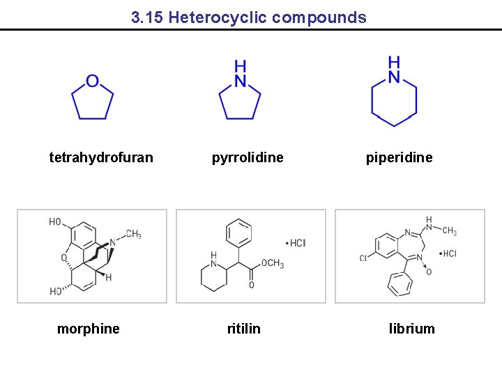 3. 15 Heterocyclic compounds tetrahydrofuran morphine pyrrolidine ritilin piperidine librium 