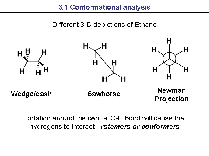 3. 1 Conformational analysis Different 3 -D depictions of Ethane Wedge/dash Sawhorse Newman Projection