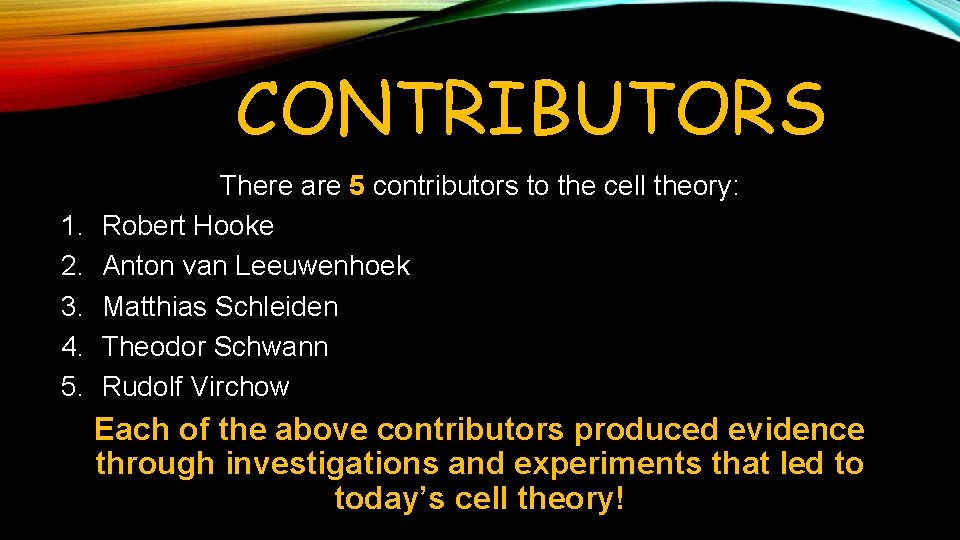 CONTRIBUTORS 1. 2. 3. 4. 5. There are 5 contributors to the cell theory: