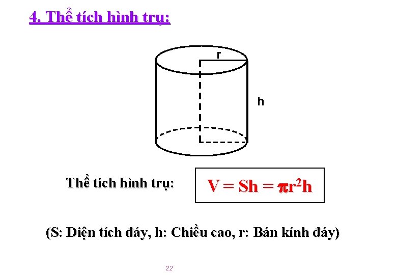 4. Thể tích hình trụ: r h Thể tích hình trụ: V = S