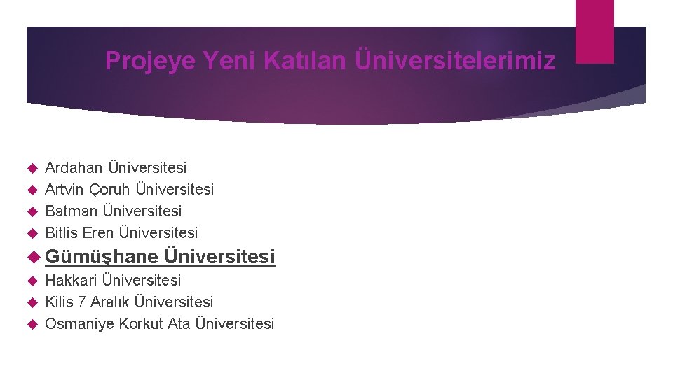 Projeye Yeni Katılan Üniversitelerimiz Ardahan Üniversitesi Artvin Çoruh Üniversitesi Batman Üniversitesi Bitlis Eren Üniversitesi Projeye Yeni Katılan Üniversitelerimiz Ardahan Üniversitesi Artvin Çoruh Üniversitesi Batman Üniversitesi Bitlis Eren Üniversitesi