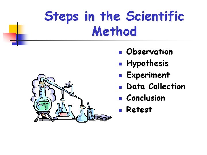 Steps in the Scientific Method n n n Observation Hypothesis Experiment Data Collection Conclusion