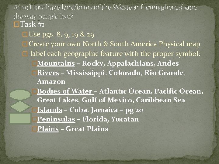 Aim: How have landforms of the Western Hemisphere shape the way people live? �Task