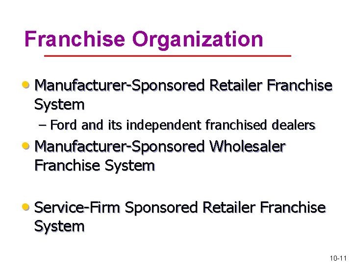 Franchise Organization • Manufacturer-Sponsored Retailer Franchise System – Ford and its independent franchised dealers