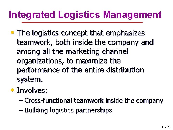 Integrated Logistics Management • The logistics concept that emphasizes teamwork, both inside the company