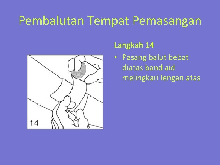 Pembalutan Tempat Pemasangan Langkah 14 • Pasang balut bebat diatas band aid melingkari lengan