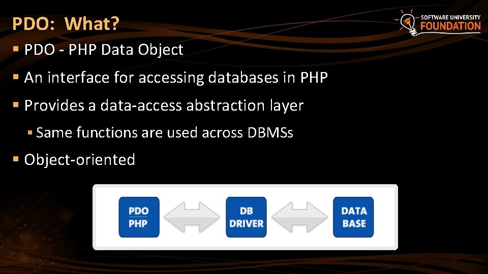 PDO: What? § PDO - PHP Data Object § An interface for accessing databases