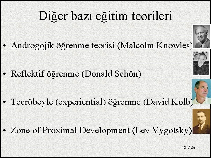 Diğer bazı eğitim teorileri • Androgojik öğrenme teorisi (Malcolm Knowles) • Reflektif öğrenme (Donald