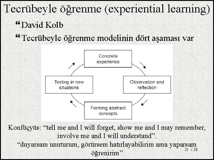 Tecrübeyle öğrenme (experiential learning) David Kolb Tecrübeyle öğrenme modelinin dört aşaması var Konfüçyüs: “tell