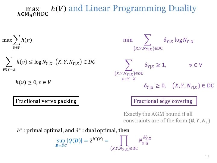 • • Fractional vertex packing Fractional edge covering 33 • • Fractional vertex packing Fractional edge covering 33